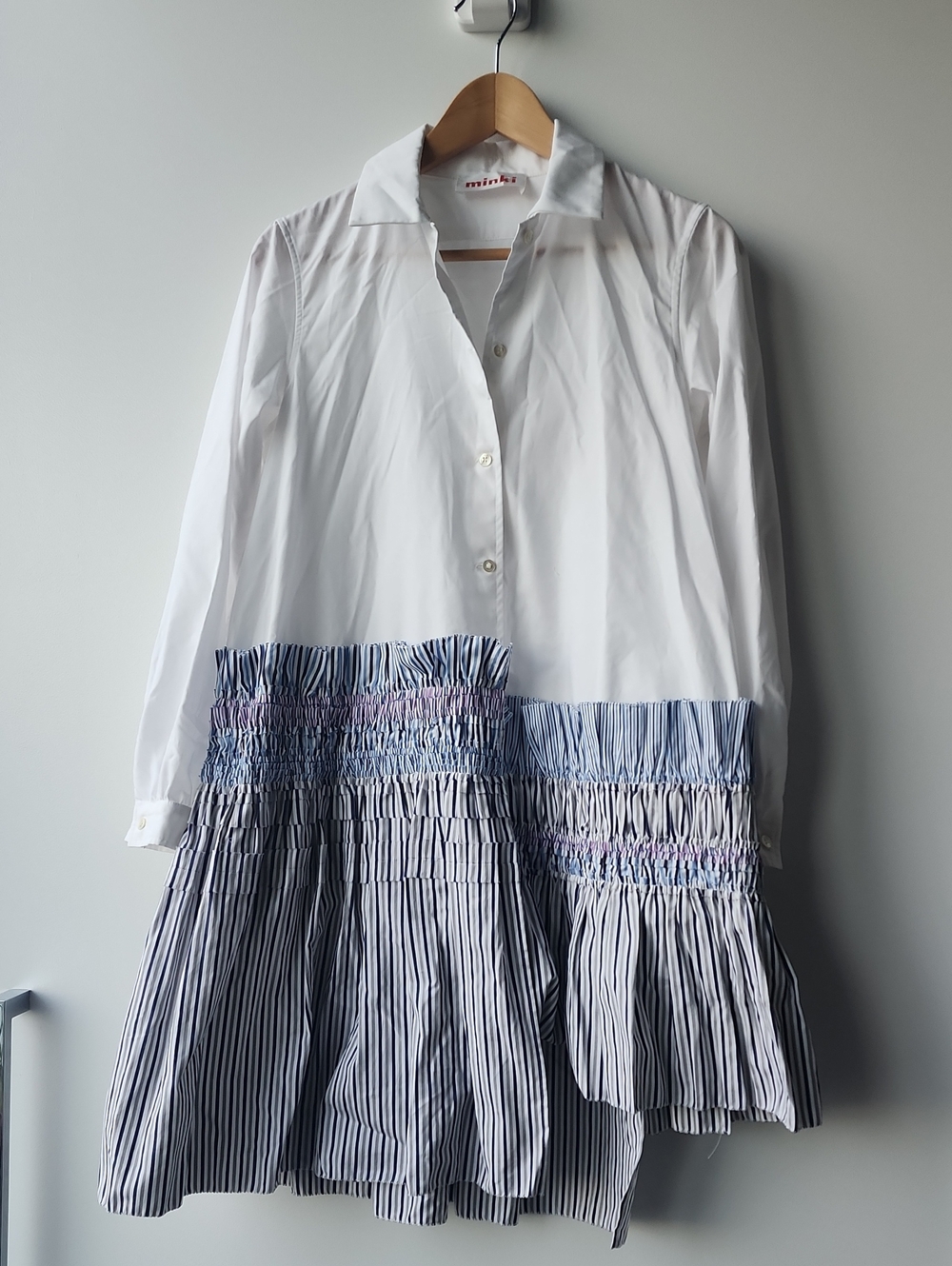 minki Smocked Pleated Uneven Hem Shirt Dress